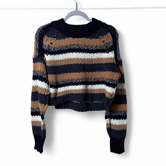 Free People Sweater Womens XS Black Tan White Striped Chunky Knit Cropped - Picture 2 of 4